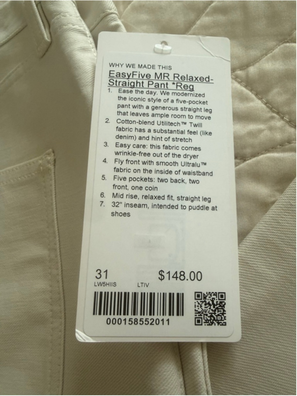 Lululemon EasyFive Mid-Rise Straight Leg Pants 31 Beige NWT - Picture 5 of 7